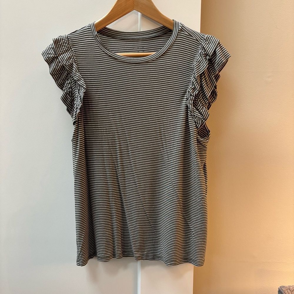 A New Day Olive & White Striped Ruffle Sleeve Top – Size M